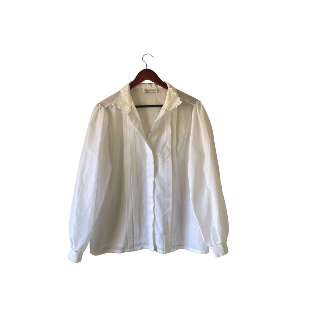 Lady Caribou Vintage White‎ Lace Collar Pleated Blouse Long Sleeve Womens XL